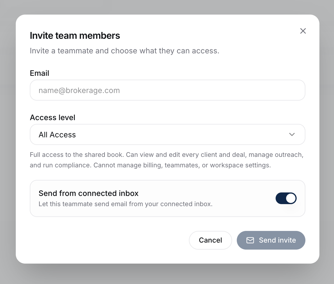 The Invite team members dialog with an email field, an access-level dropdown set to All Access, and a Send from connected inbox toggle