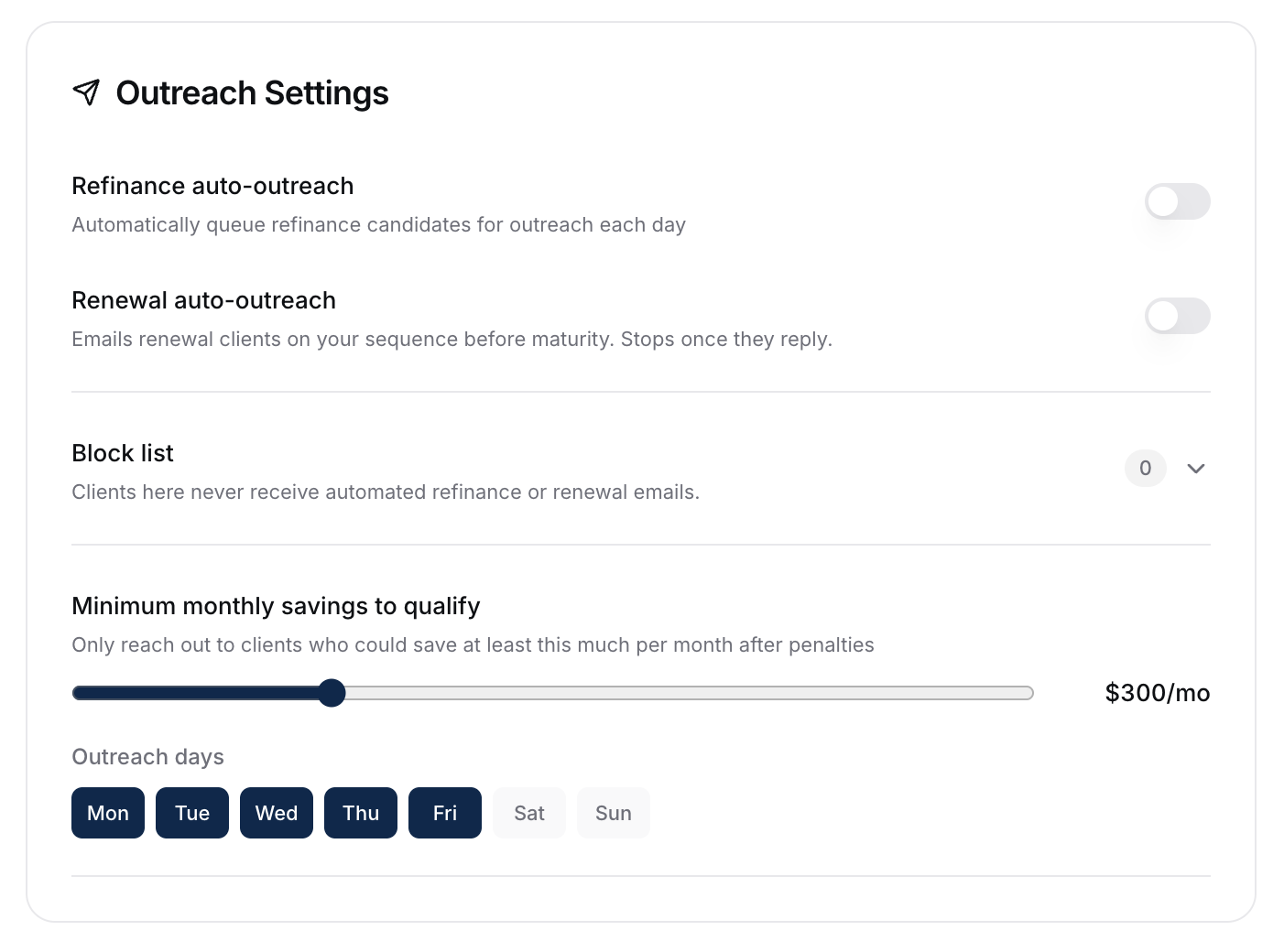 The Outreach Settings card showing the minimum monthly savings slider set to $300/month, the collapsed block list, auto-outreach toggles, and outreach days.