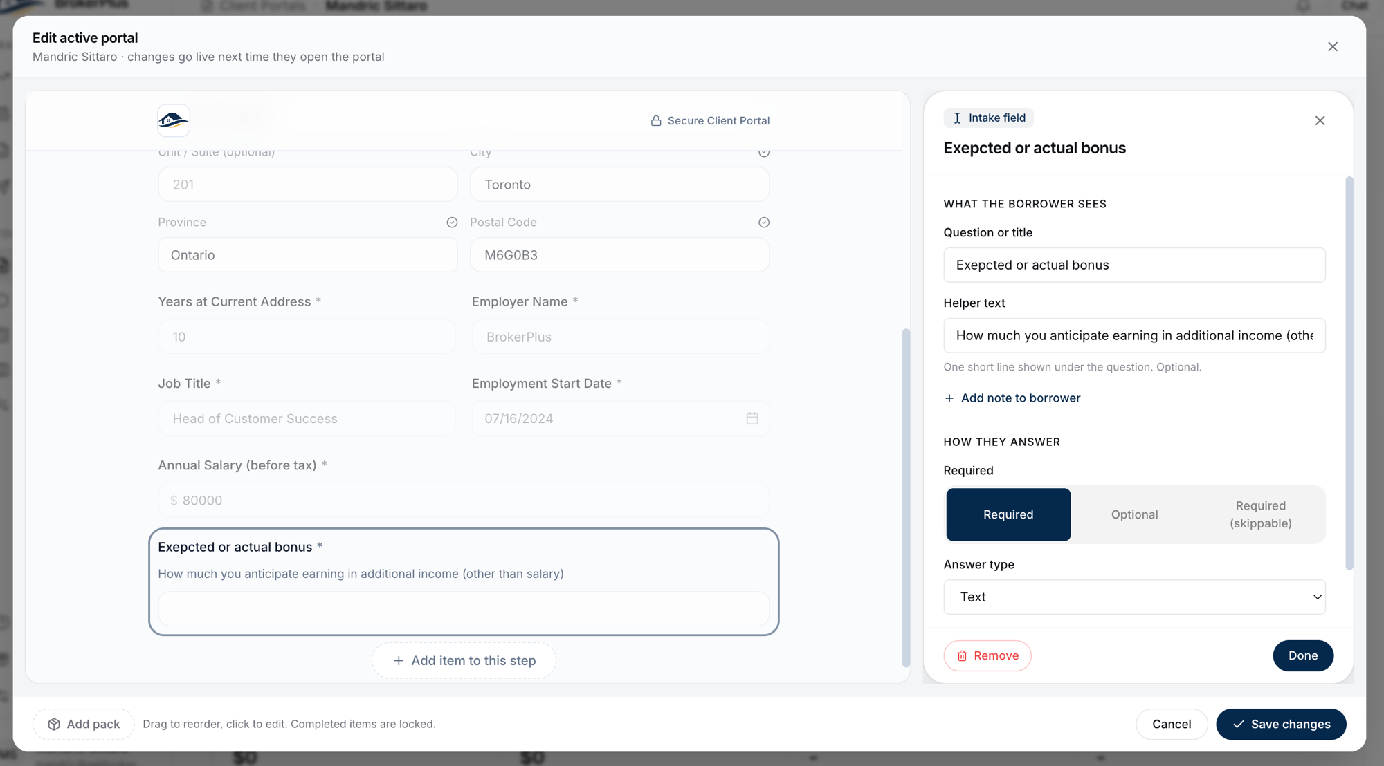 A custom intake condition named 'Expected or actual bonus' open in the portal editor, with its edit panel showing the question or title, helper text, an Add note to borrower link, the Required / Optional / Required (skippable) mode, and the Text answer type.