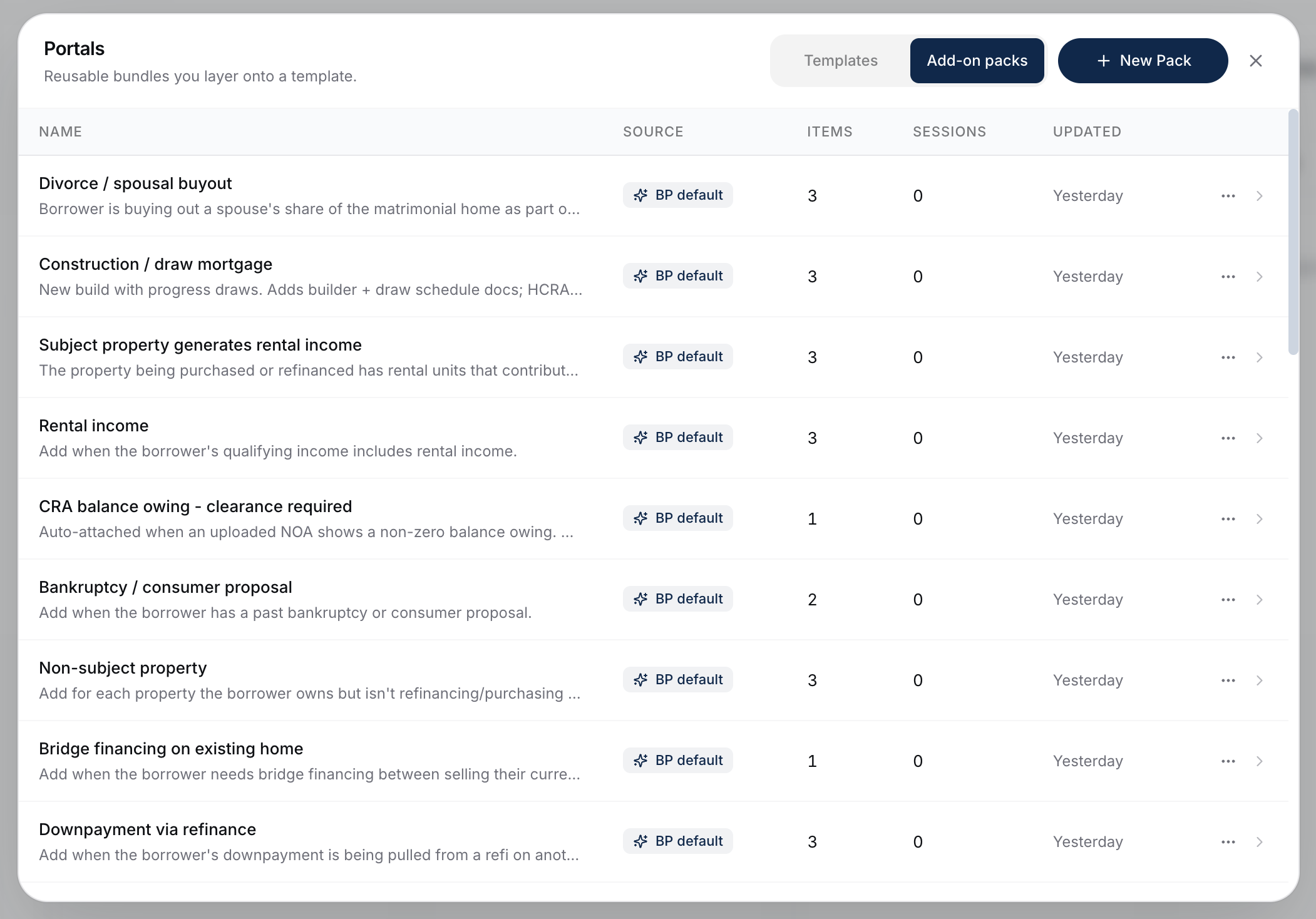 The Edit Portals modal with the Add-on packs tab selected, showing the seeded default packs and the New Pack button.