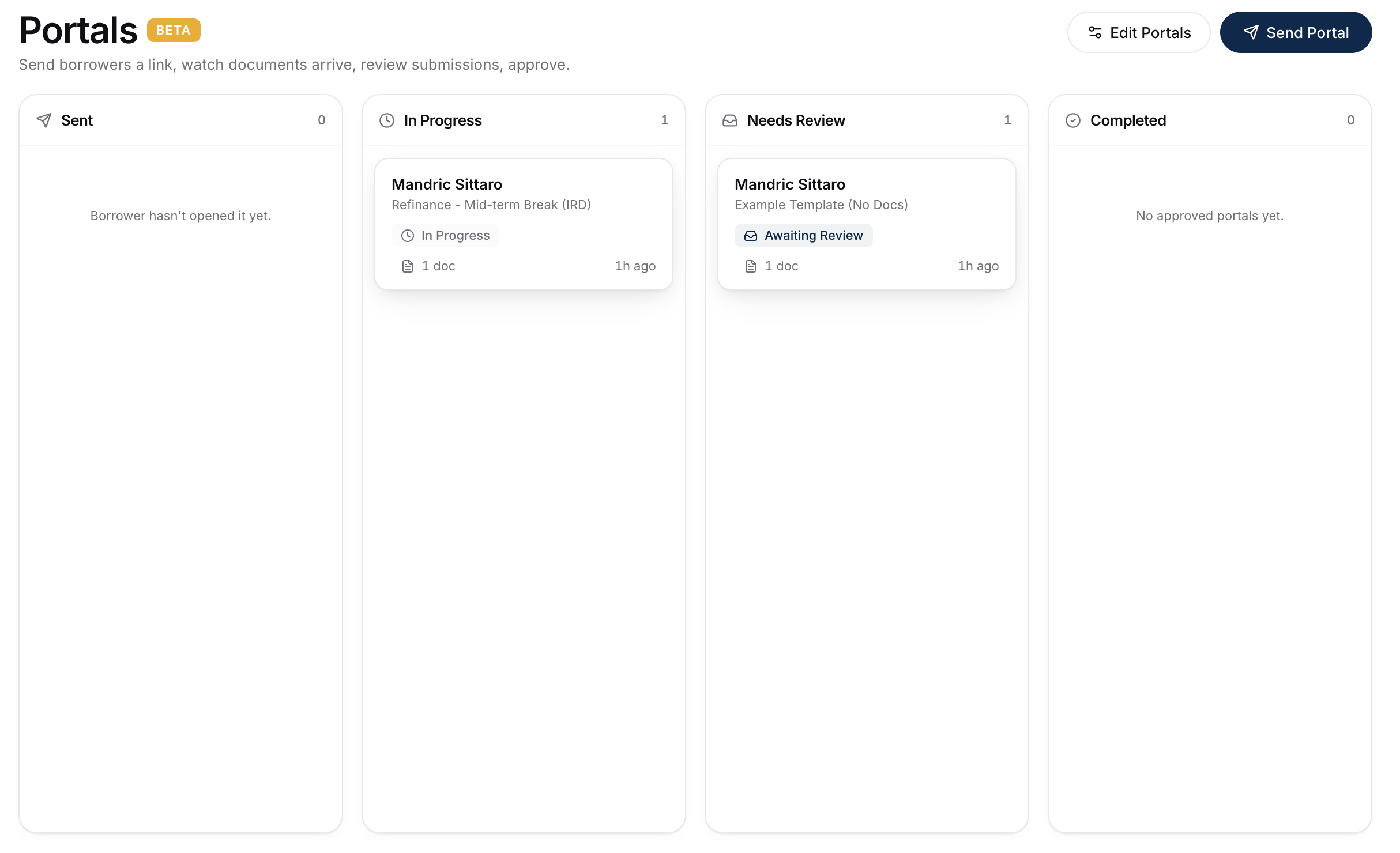 The Client Portals session board, with one card per portal grouped into status columns like Sent, In Progress, Submitted, and Approved, each card showing the client name, status, and document progress.