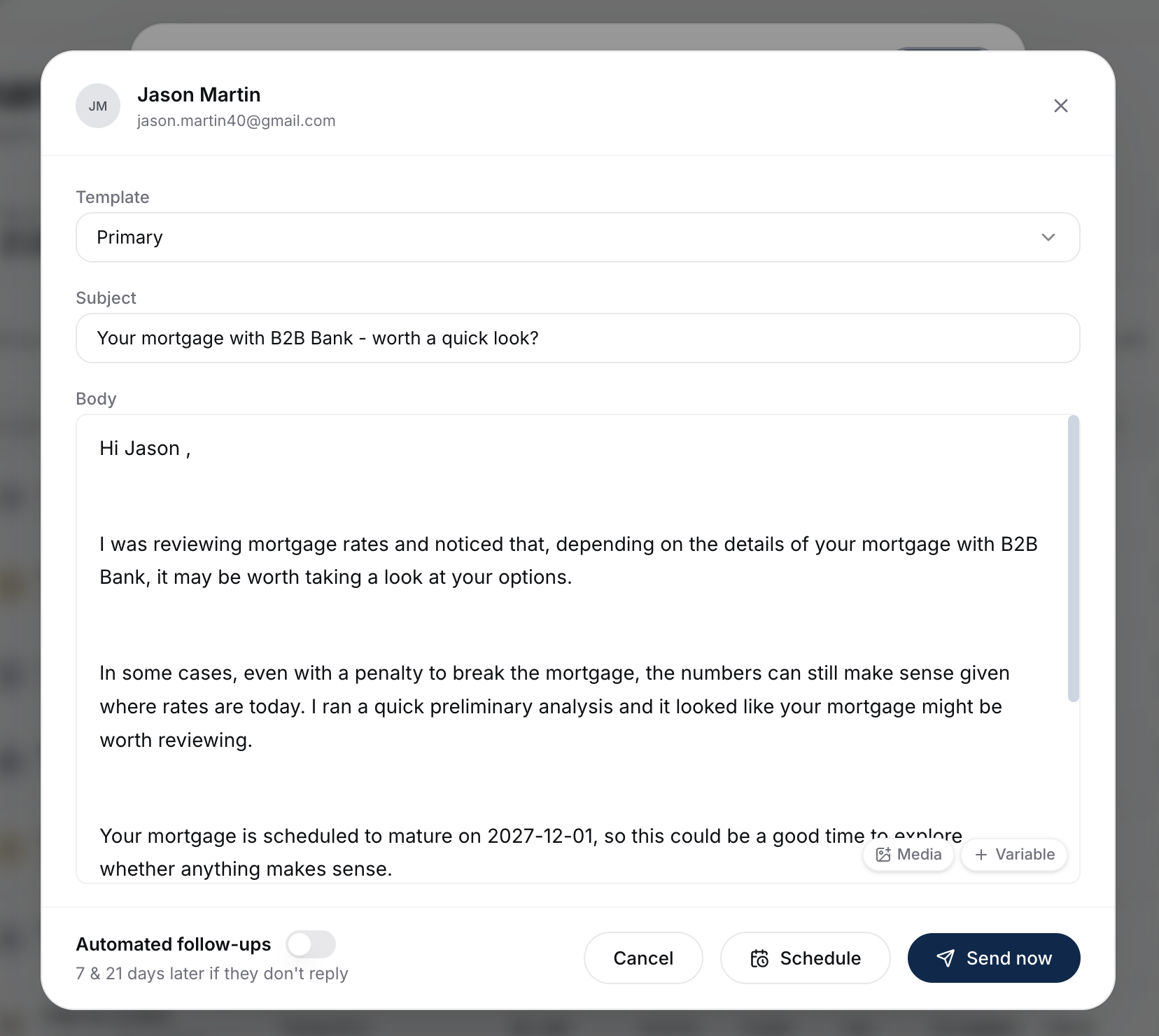 The compose drawer with the template selector, editable subject and body, the automated follow-ups toggle, and Cancel, Schedule, and Send now buttons.